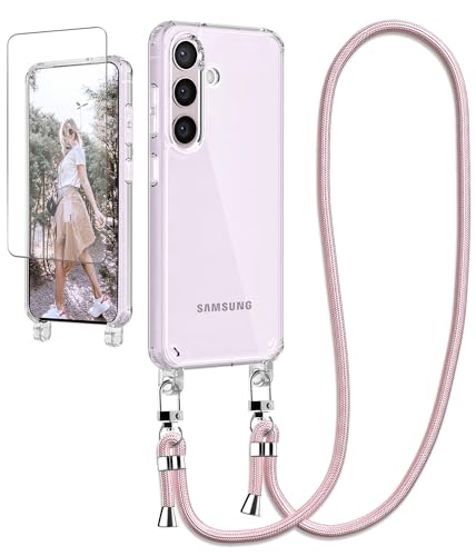 Ciciber Handykette Hülle für Samsung Galaxy A15 4G/5G Handyhülle mit Band und Schutzfolie, Transparent Case mit Schnur zum Umhängen Kordel Necklace Hülle Schutzhülle für Samsung A15, roségold von Ciciber