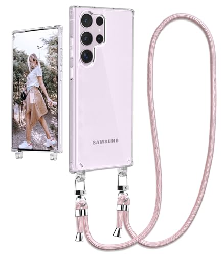 Ciciber Handykette Hülle für Samsung Galaxy S23 Ultra Handyhülle mit Band, Transparent Case mit Schnur zum Umhängen Kordel Necklace Hülle Schutzhülle für Galaxy S23 Ultra, roségold von Ciciber