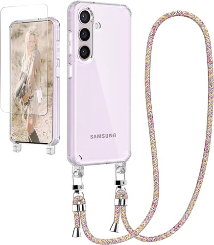 Ciciber Handykette Hülle für Samsung Galaxy S24 Handyhülle mit Band und Schutzfolie, Transparent Case mit Schnur zum Umhängen Kordel Necklace Hülle Schutzhülle für Galaxy S24, Regenbogen von Ciciber