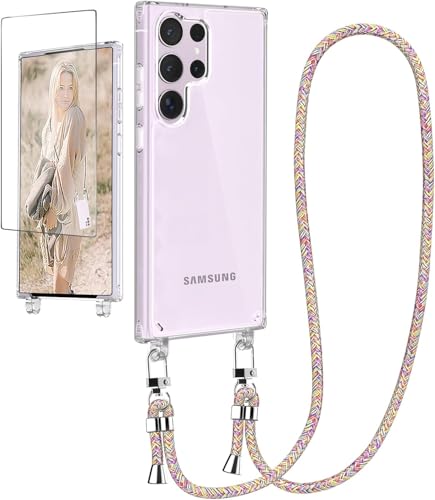 Ciciber Handykette Hülle für Samsung Galaxy S24 Ultra Handyhülle mit Band und Schutzfolie, Transparent Case mit Schnur zum Umhängen Kordel Necklace Hülle Schutzhülle für Samsung S24 Ultra, Regenbogen von Ciciber