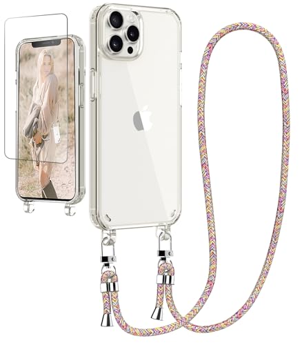 Ciciber Handykette Hülle für iPhone 12/12 Pro Handyhülle mit Band und Schutzfolie, Transparent Case mit Schnur zum Umhängen Kordel Necklace Hülle Schutzhülle für iPhone 12/12 Pro 6.1", Regenbogen von Ciciber