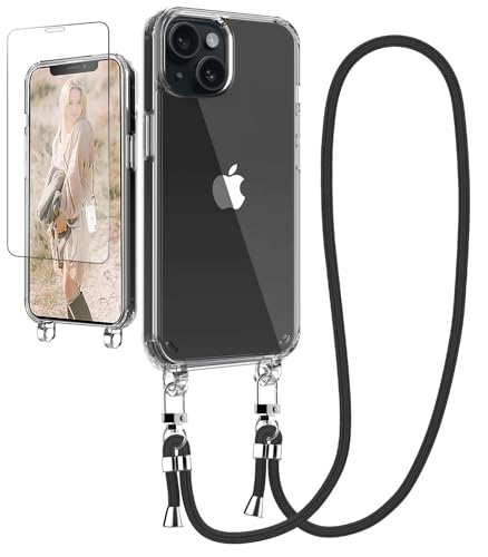 Ciciber Handykette Hülle für iPhone 14 Handyhülle mit Band und Schutzfolie, Transparent Case mit Schnur zum Umhängen Kordel Necklace Hülle Schutzhülle für iPhone 14 6.1", schwarz von Ciciber