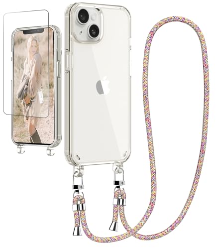 Ciciber Handykette Hülle für iPhone 15 Handyhülle mit Band und Schutzfolie, Transparent Case mit Schnur zum Umhängen Kordel Necklace Hülle Schutzhülle für iPhone 15 6.1", Regenbogen von Ciciber