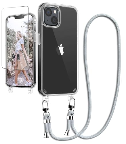 Ciciber Handykette Hülle für iPhone 15 Handyhülle mit Band und Schutzfolie, Transparent Case mit Schnur zum Umhängen Kordel Necklace Hülle Schutzhülle für iPhone 15 6.7", grau von Ciciber