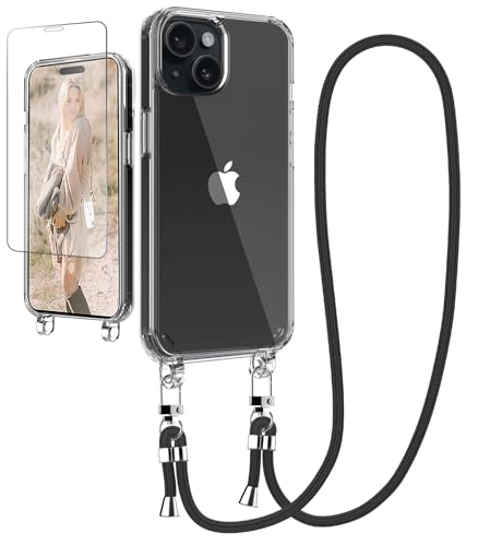 Ciciber Handykette Hülle für iPhone 15 Plus Handyhülle mit Band und Schutzfolie, Transparent Case mit Schnur zum Umhängen Kordel Necklace Hülle Schutzhülle für iPhone 15 Plus 6.7", schwarz von Ciciber