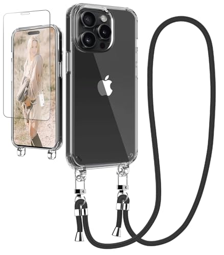 Ciciber Handykette Hülle für iPhone 15 Pro Handyhülle mit Band und Schutzfolie, Transparent Case mit Schnur zum Umhängen Kordel Necklace Hülle Schutzhülle für iPhone 15 Pro 6.1", schwarz von Ciciber