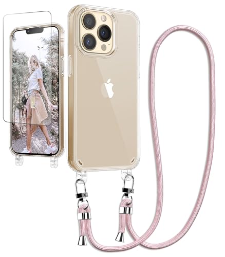 Ciciber Handykette Hülle für iPhone 15 Pro Max Handyhülle mit Band und Schutzfolie, Transparent Case mit Schnur zum Umhängen Kordel Necklace Hülle Schutzhülle für iPhone 15 Pro Max 6.7", roségold von Ciciber