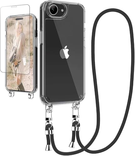 Ciciber Handykette Hülle für iPhone 16e Handyhülle mit Band und Schutzfolie, Transparent Case mit Schnur zum Umhängen Kordel Necklace Hülle Schutzhülle für iPhone 16e 6.1", Schwarz von Ciciber