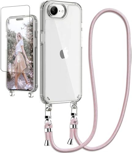Ciciber Handykette Hülle für iPhone 16e Handyhülle mit Band und Schutzfolie, Transparent Case mit Schnur zum Umhängen Kordel Necklace Hülle Schutzhülle für iPhone 16e 6.1", roségold von Ciciber