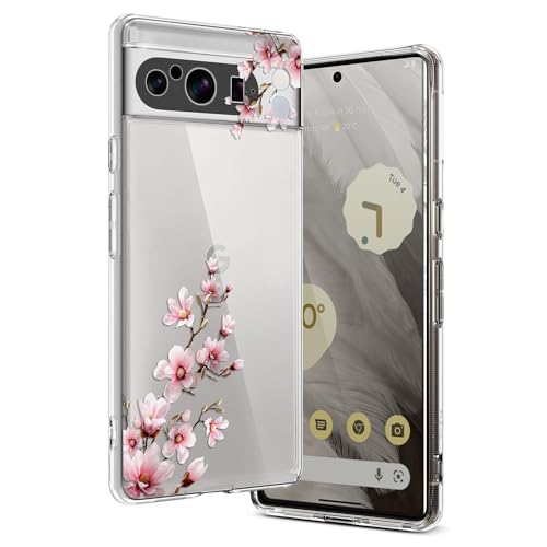 Ciciber Hülle Kompatibel mit Google Pixel 8 Pro, Dünne Transparent TPU-Silikon und Kratzern Handyhülle für Google Pixel 8 Pro, Clear Cover mit Motiv Blumen Schützt vor Stößen Case Rosa/Pfirsichblüte von Ciciber