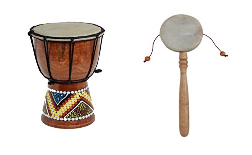 20cm Kinder Djembe Trommel Bongo Drum Deko Bunt Bemalt + Handtrommel Rassel R6 von Ciffre