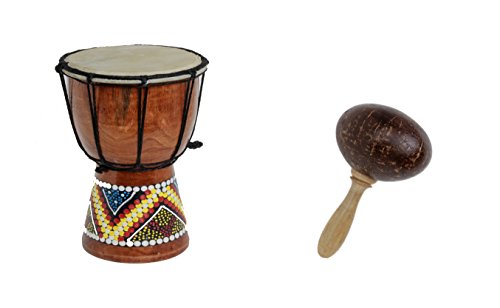 30cm Kinder Djembe Trommel Bongo Drum Holz Bunt Bemalt + Kokos Rassel Maraca R2 von Ciffre