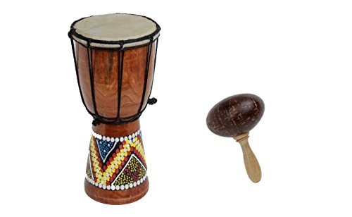 70cm Standart Djembe Trommel Bongo Drum Holz Bunt Bemalt + Kokos Rassel Maraca R2 von Ciffre