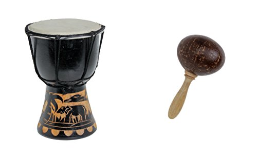 Kleine 15cm Djembe Trommel Bongo Drum Dekoration Elefant Schwarz + Kokos Rassel Maraca R2 von Ciffre