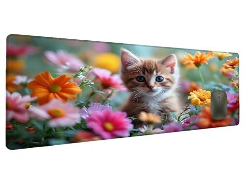 Mauspad Blume Schreibtischunterlage Katze Mousepad XXL 1500x800mm, Mauspad Gaming Groß Desk Mat PC Zubehör Schreibtisch Deko, Maus Pad Wasserdicht Rutschfeste Gummibasis Schreibtisch Schutz Office N-6 von Ciooyxee