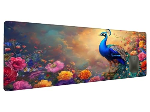 Mauspad Blume Schreibtischunterlage Pfau Mousepad XXL 700x300mm, Mauspad Gaming Groß Desk Mat PC Zubehör Schreibtisch Deko, Maus Pad Wasserdicht Rutschfeste Gummibasis Schreibtisch Schutz Office J-1 von Ciooyxee