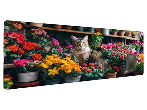 Mauspad Katze Schreibtischunterlage Blume Mousepad XXL 700x300mm, Mauspad Gaming Groß Desk Mat PC Zubehör Schreibtisch Deko, Maus Pad Wasserdicht Rutschfeste Gummibasis Schreibtisch Schutz Office S-8 von Ciooyxee