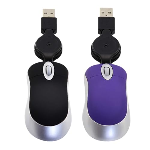 Einziehbare Mini-Maus, 2 Stück, tragbare optische Mini-Maus, kompakte und leise Reisemaus, USB-Schnittstelle, 3 Tasten, 1600 DPI, für Computer, Laptops (Schwarz + Lila) von Civetes