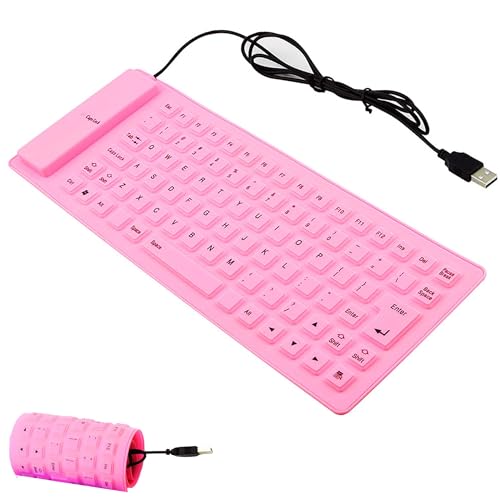 Faltbare Silikon-Softtastatur,leise,tragbare kabelgebundene Tastatur, steckbare USB+PS2-Konvertierungsschnittstelle,wasser- und staubdicht, unterstützt Desktop-Computer und Notebooks, 85 Tasten (Rosa) von Civetes