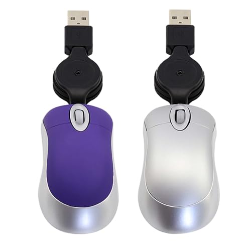 Mini-Maus, kabelgebunden, einziehbar, 2 Stück, tragbare optische Maus, kompakte und leise, USB-Schnittstelle, 3 Tasten, 1600 DPI, für Computer, Laptops (Silber + Violett) von Civetes