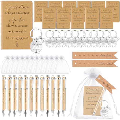 Clabby 12 Set Dankeschön Geschenke Kollegen Mini Notizblöcke mit Spruch Motivations Schlüsselanhänger Holz Kugelschreiber Danke Tag Mullbeutel Mitarbeiter Abschiedsgeschenk(Großartige) von Clabby