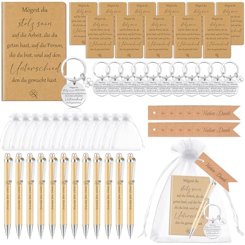Clabby 12 Set Dankeschön Geschenke Kollegen Mini Notizblöcke mit Spruch Motivations Schlüsselanhänger Holz Kugelschreiber Danke Tag Mullbeutel Mitarbeiter Abschiedsgeschenk(Stolz) von Clabby