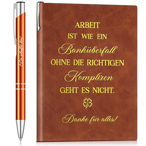 Clabby 2er Set Geschenk für Kollegen A5 Notizbuch PU Leder Notizblock mit Spruch Arbeit Ist Wie Ein Banküberfall Motivierender Kugelschreiber Inspirierende Stift Dankesgeschenk Mitarbeiter(Orange) von Clabby