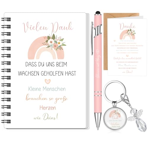 Clabby 5 Stück Dankeschön Geschenk für Erzieherin Lehrerin mit Herz-Coil Notizbuch Kugelschreiber Schlüsselanhänger Dankeskarte mit Umschlag Geschenk Lehrerin Abschied Abschlussfeier Lehrertag(1 Satz) von Clabby