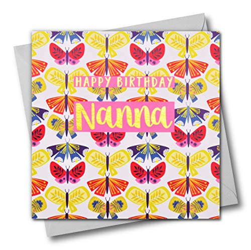 Claire Giles Glückwunschkarte "Happy Birthday Nanna", Schmetterlinge, mit foliertem Text in glänzendem Gold, Weiß von Claire Giles Greeting Cards