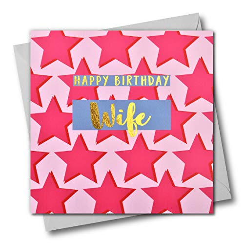 Geburtstagskarte für Ehefrau, rosa Sterne, Happy Birthday Grußkarte mit Text foliert in glänzendem Gold von Claire Giles Greeting Cards