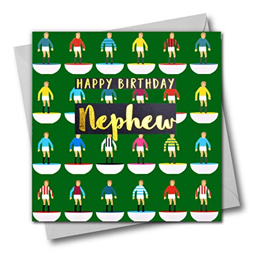 Claire Giles Glückwunschkarte zum Geburtstag für Neffe, Fußballer, mit Text foliert in glänzendem Gold, Weiß/Grün von Claire Giles
