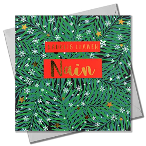 Claire Giles Walisische Weihnachtskarte, Nain, Gran Kranz und Schneeflocken, Text in glänzendem Gold foliert von Claire Giles