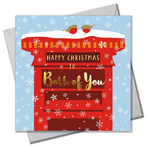 Claire Giles Weihnachtskarte, Both of You Robins & Postbox, Text foliert in glänzendem Gold von Claire Giles