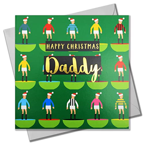 Claire Giles Weihnachtskarte, Daddy Subuteo und Weihnachtsmannmütze, Text foliert in glänzendem Gold von Claire Giles