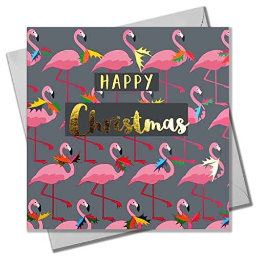 Claire Giles Weihnachtskarte, Flamingos und Stechpalme, Text in glänzendem Gold foliert von Claire Giles
