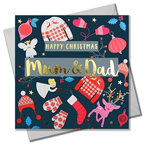 Claire Giles Weihnachtskarte, Mama & Papa Pullover & Rentier, Text in glänzendem Gold foliert von Claire Giles