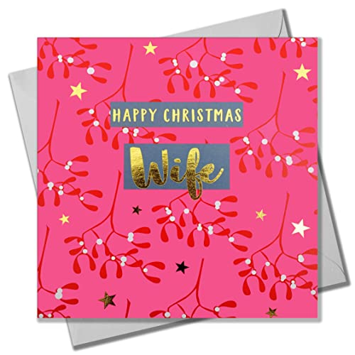 Claire Giles Weihnachtskarte, Mistelzweig, Ehefrau, rosa Mistelzweig, Text foliert in glänzendem Gold von Claire Giles