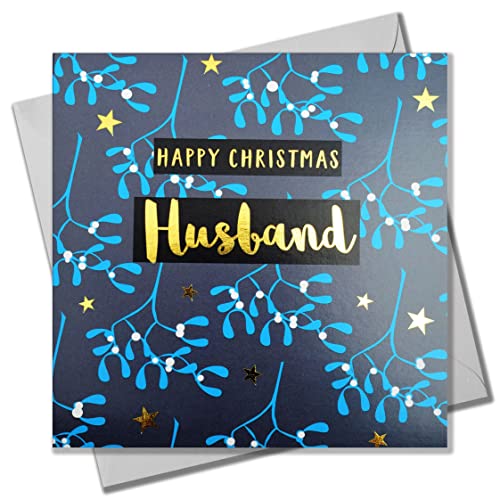 Claire Giles Weihnachtskarte, Mistelzweig, blauer Ehemann, Text foliert in glänzendem Gold von Claire Giles