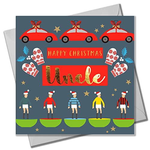 Claire Giles Weihnachtskarte, Onkel Subuteo & Cars, Text foliert in glänzendem Gold von Claire Giles