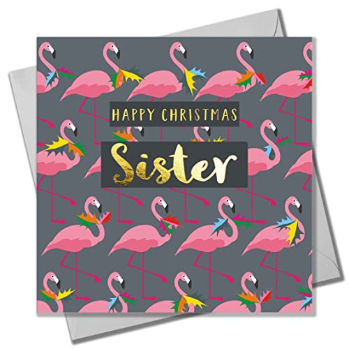Claire Giles Weihnachtskarte, Schwester Flamingos und Stechpalme, Text foliert in glänzendem Gold von Claire Giles
