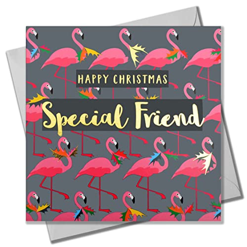 Claire Giles Weihnachtskarte, Special Friend, Flamingos & Holly, Text in glänzendem Gold foliert von Claire Giles