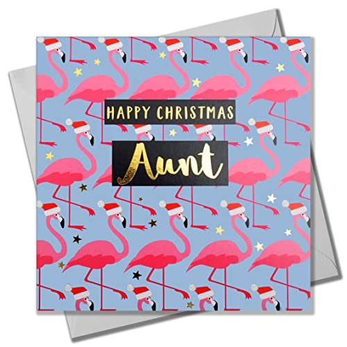 Claire Giles Weihnachtskarte, Tante Flamingos in Weihnachtsmannmütze, Text foliert in glänzendem Gold von Claire Giles