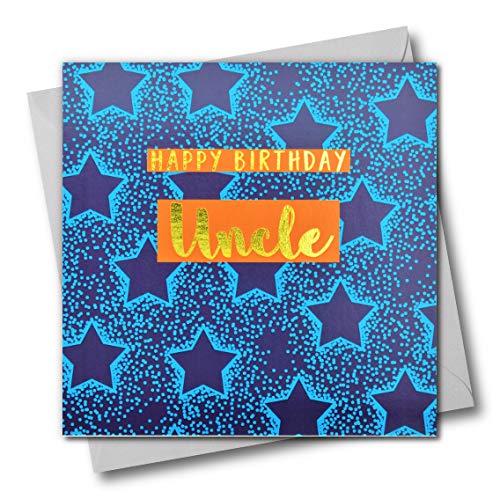 Glückwunschkarte "Happy Birthday Onkel", blaue Sterne, mit Text in Gold glänzend von Claire Giles