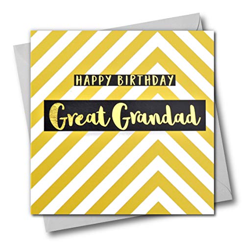 Glückwunschkarte zum Geburtstag"Great Grandad", gelbe Zickzacke, mit Text foliert in glänzend gold von Claire Giles
