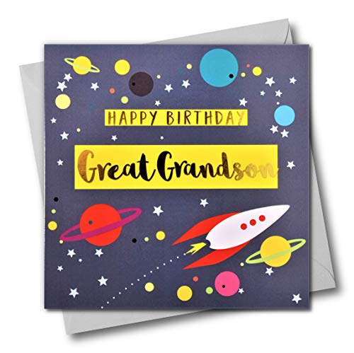 Glückwunschkarte zum Geburtstag - Großer Enkel Rakete und Sterne mit Text in Gold glänzend von Claire Giles