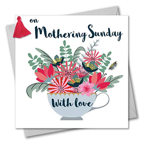 Grußkarte zum Muttertag, mit Quaste, Teetasse und Blumen, On Mothering Sunday with Love von Claire Giles