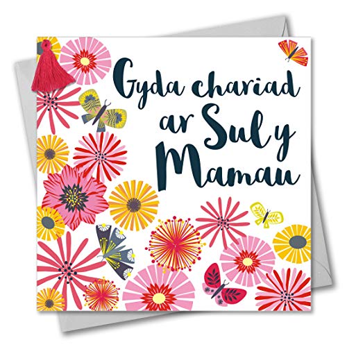 Grußkarte zum Muttertag, mit Quaste, walisische Sprache, Tumbling Flowers, With Love on Mothering Sunday, Gyda Chariad ar Sul y Mamau von Claire Giles