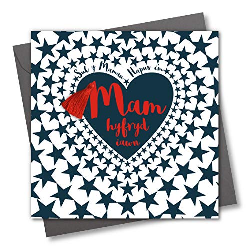 Grußkarte zum Muttertag, walisische Sprache, Quaste, Aufschrift"Lovely Mum, Sul y Mamau Hapus Mam, Heart of Stars" von Claire Giles