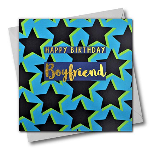 Happy Birthday Boyfriend, Sterne, Glückwunschkarte mit Text in Gold glänzend von Claire Giles