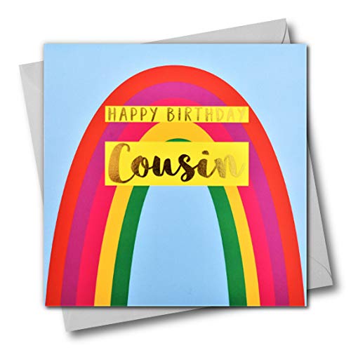Happy Birthday Cousin - Regenbogen - Grußkarte mit Text in Gold glänzend von Claire Giles